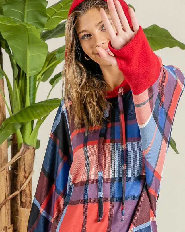 BiBi Plaid Mirr Brushed Rib Contrast Thumb Open Hoodie - Sleekdenim.com
