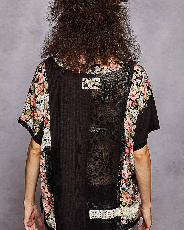 POL Lace Round Neck Short Sleeve Floral Pattern Top with Patch Detail - Sleekdenim.com