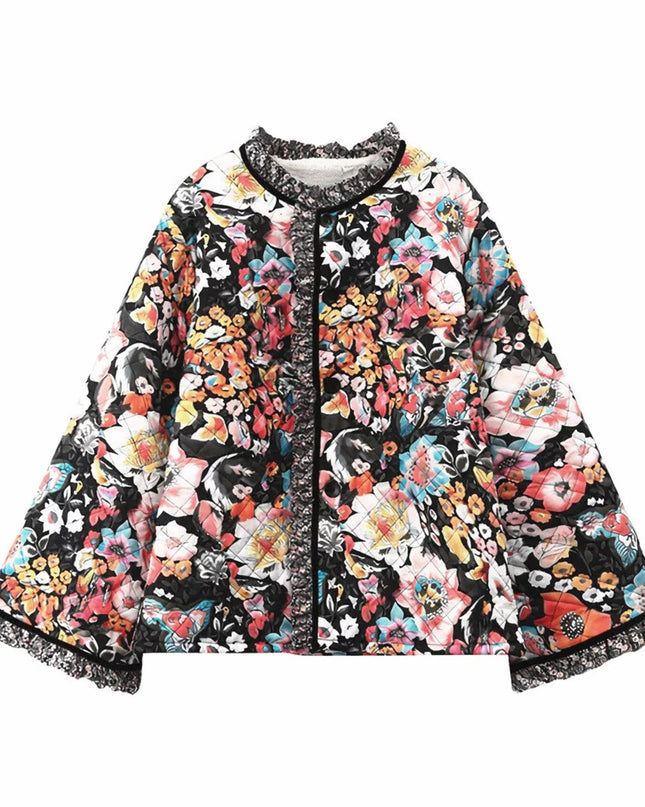 Full Size Floral Print Quilted Sherpa-Lined Jacket Plus Size - Sleekdenim.com
