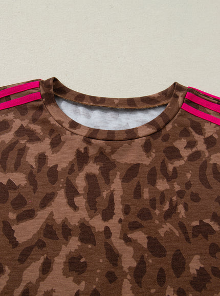 Brown Contrast Striped Accent Leopard Short Set - 6