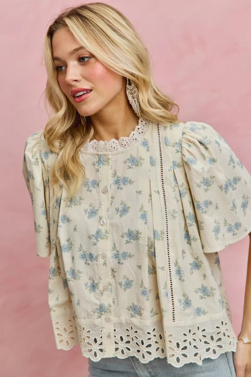 SO ME Floral Print Lace Trim Flutter Sleeves Blouse - Sleekdenim.com