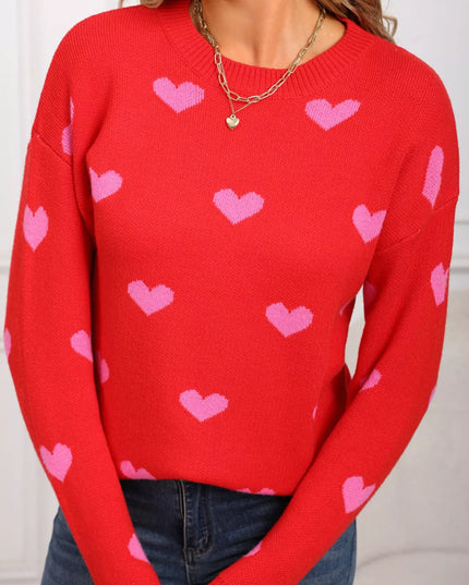 Valentine's Day Heart Pattern Dropped Shoulder Sweater - Sleekdenim.com