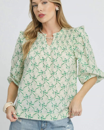 Umgee Ruffled Bow Print Notched Blouse - Sleekdenim.com
