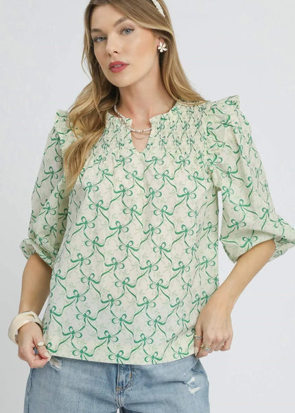 Umgee Ruffled Bow Print Notched Blouse - Sleekdenim.com