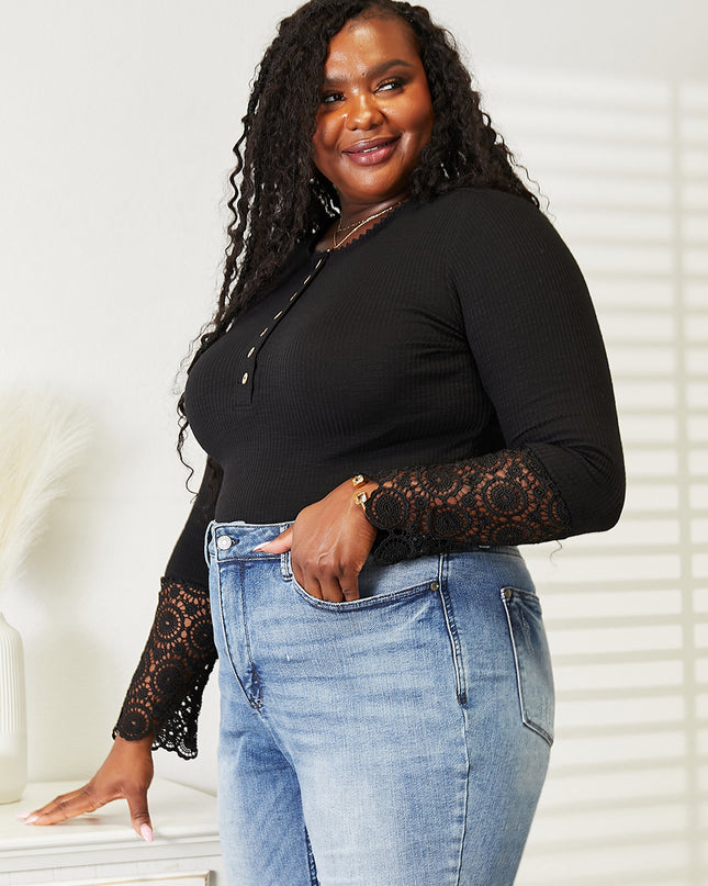 Double Take Crochet Lace Hem Sleeve Button Top - Sleekdenim.com