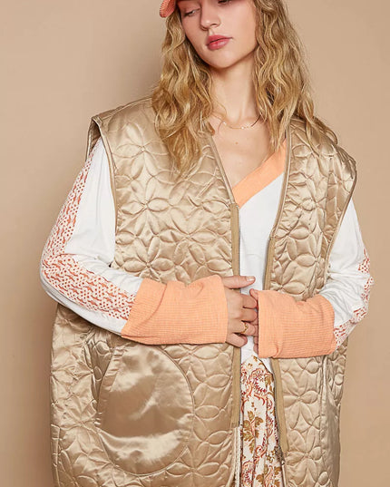 POL Front Zipper Floral Pattern Quilted Vest Coat with Front Pockets - Sleekdenim.com