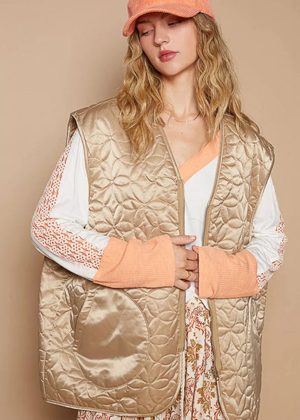 POL Front Zipper Floral Pattern Quilted Vest Coat with Front Pockets - Sleekdenim.com
