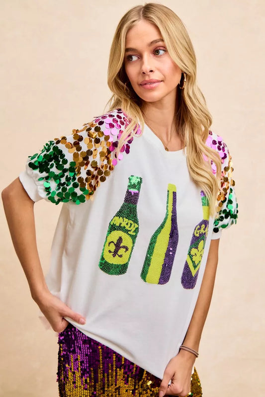 BiBi Sequin Mardi Gras Bottles Spangled Sleeve Top - 2
