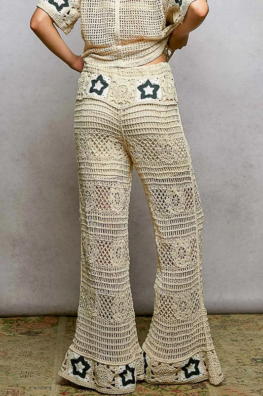 POL Openwork Crochet Flare Pants with Contrast Star - Sleekdenim.com