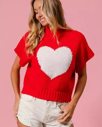 BiBi Rib Banded Heart Pattern Valentines Sweater - Sleekdenim.com