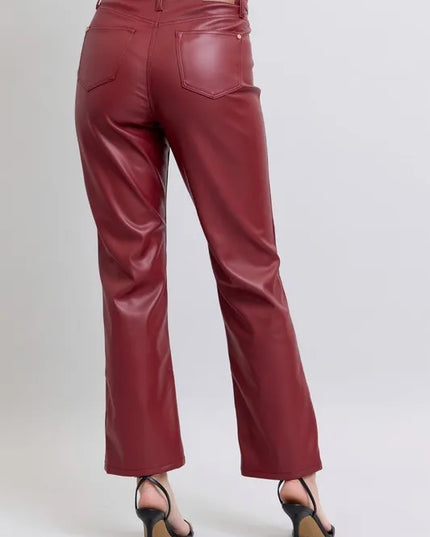 Judy Blue Full Size High Waist Tummy Control Faux Leather Straight Pants Plus Size - Sleekdenim.com