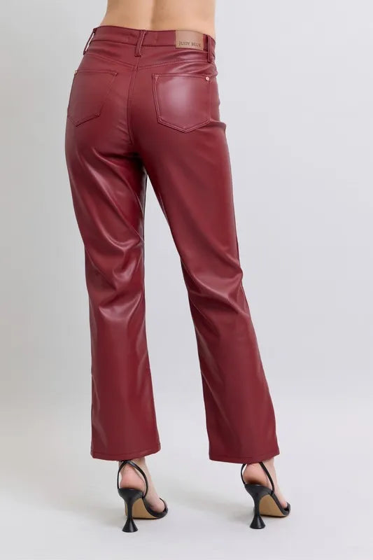 Judy Blue Full Size High Waist Tummy Control Faux Leather Straight Pants Plus Size - Sleekdenim.com