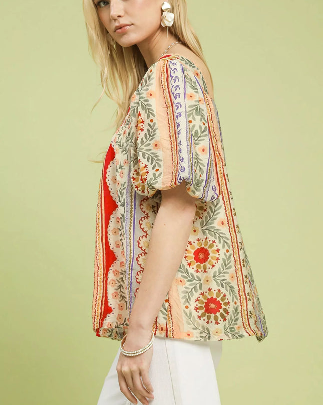 Umgee Patchwork Puff Sleeve Smocked Blouse - Sleekdenim.com