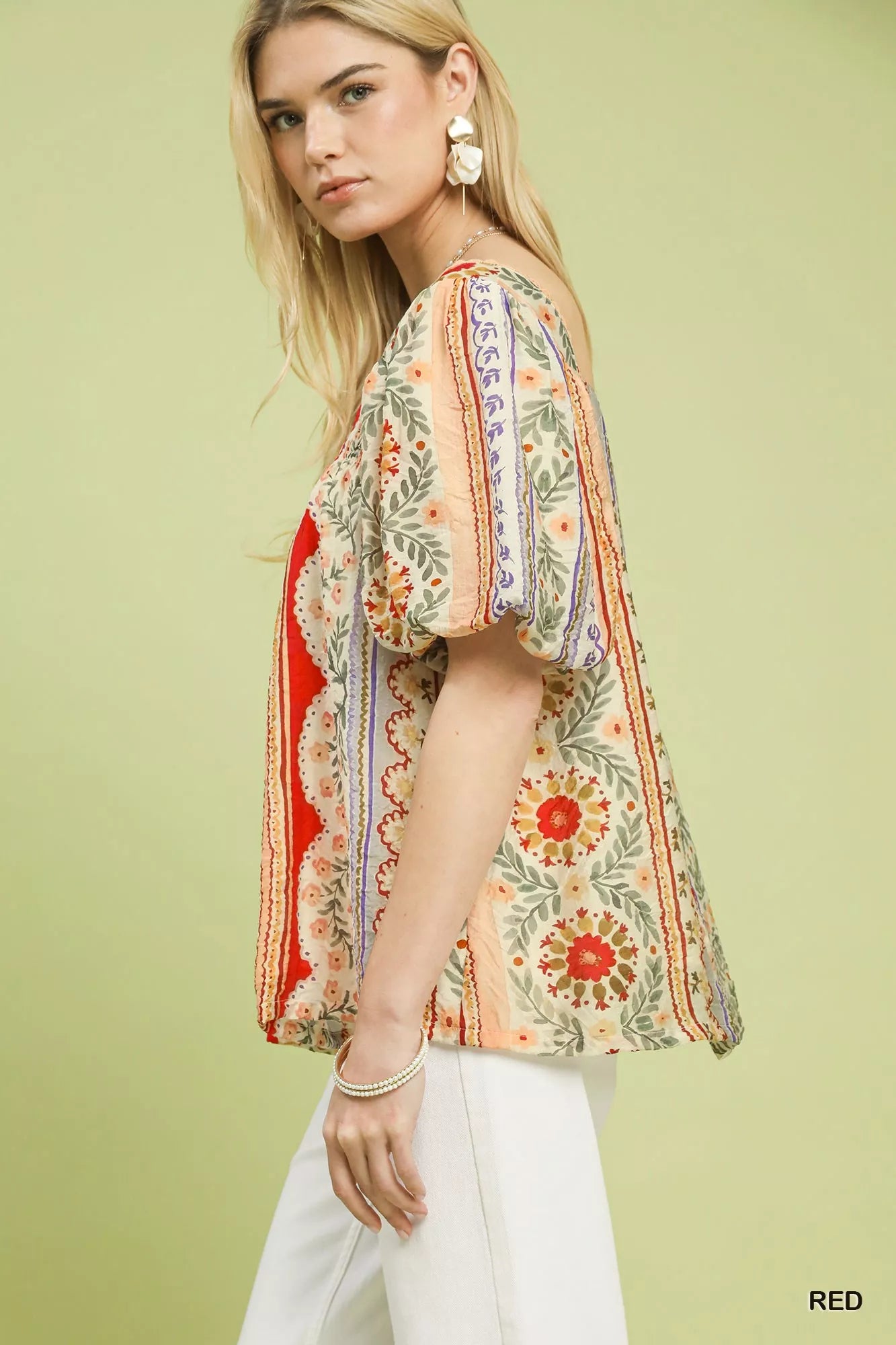 Umgee Patchwork Puff Sleeve Smocked Blouse - Sleekdenim.com