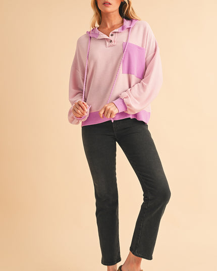 White Corded Patch Pocket Drawstring Henley Long Sleeve Top