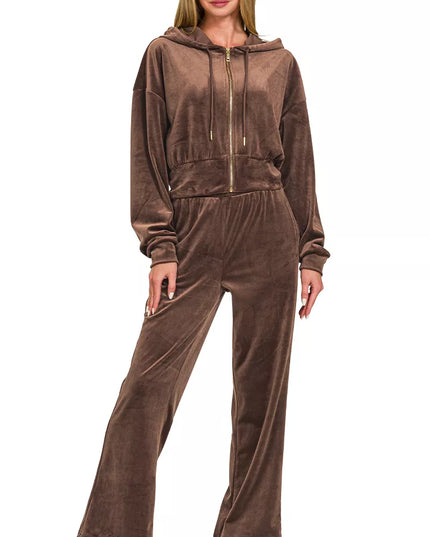 Zenana Velvet Zip Up Hoodie and Pants Set - Sleekdenim.com
