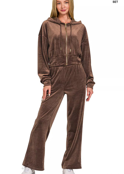 Zenana Velvet Zip Up Hoodie and Pants Set - Sleekdenim.com