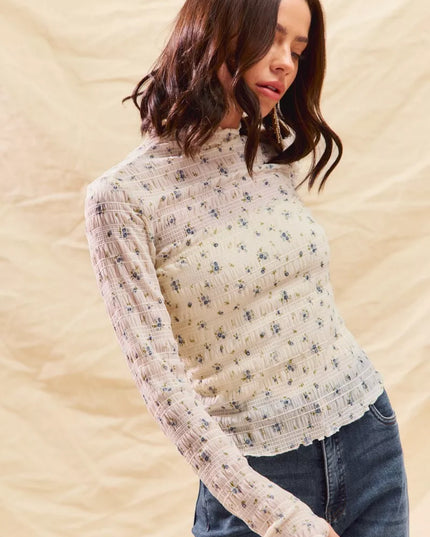 SO ME Floral Print Textured Long Sleeve Knit Top - Sleekdenim.com