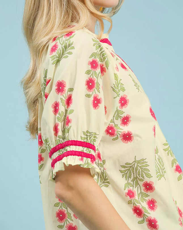 Umgee Floral V-Neck Puff Sleeve Top - Sleekdenim.com