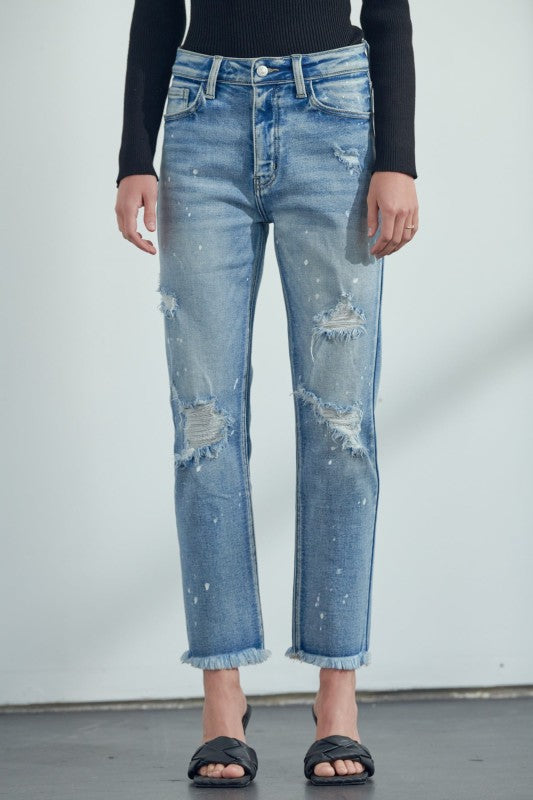 AT1050STM High Rise Distressed Straight Jeans - Sleekdenim.com