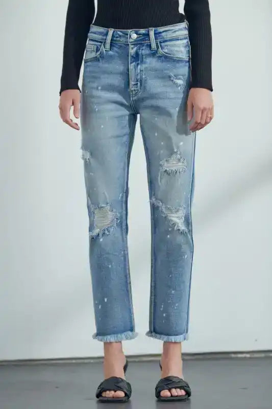 Artemis Vintage AT1050STM High Rise Distressed Straight Jeans - Sleekdenim.com