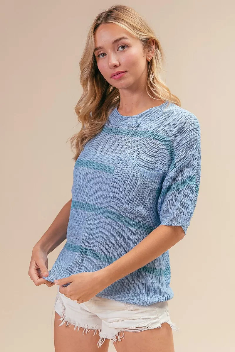 BiBi Patch Pocket Striped Lightweight Sweater Top - Sleekdenim.com