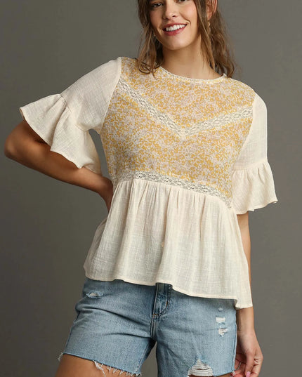 Umgee Floral Lace Trimmed Detail Half Sleeve Babydoll Top - Sleekdenim.com