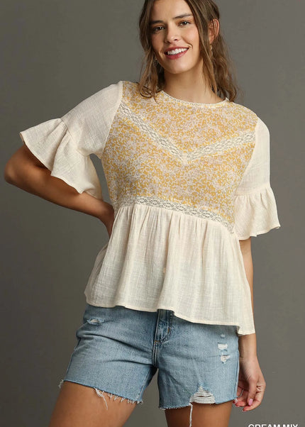 Umgee Floral Lace Trimmed Detail Half Sleeve Babydoll Top - Sleekdenim.com