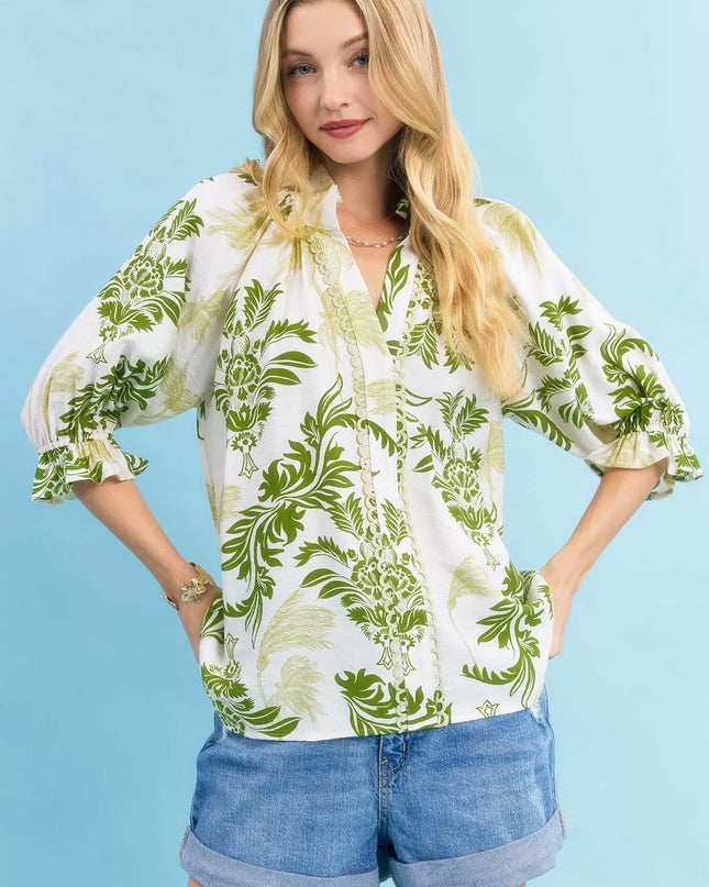 Umgee Leafy Damask Print Blouse with Contrast Scalloped Trim Detail - Sleekdenim.com
