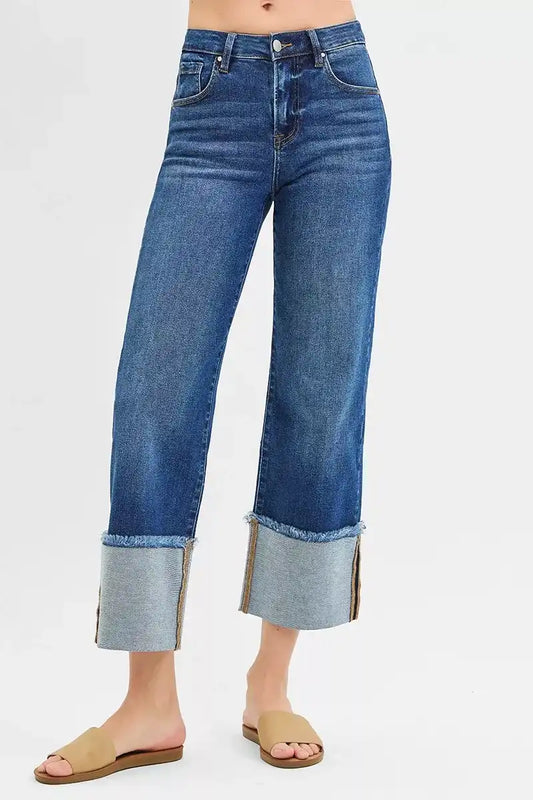 RISEN Mid Rise Crop Wide Wide Cuffed Jeans PWC21289 - Sleekdenim.com