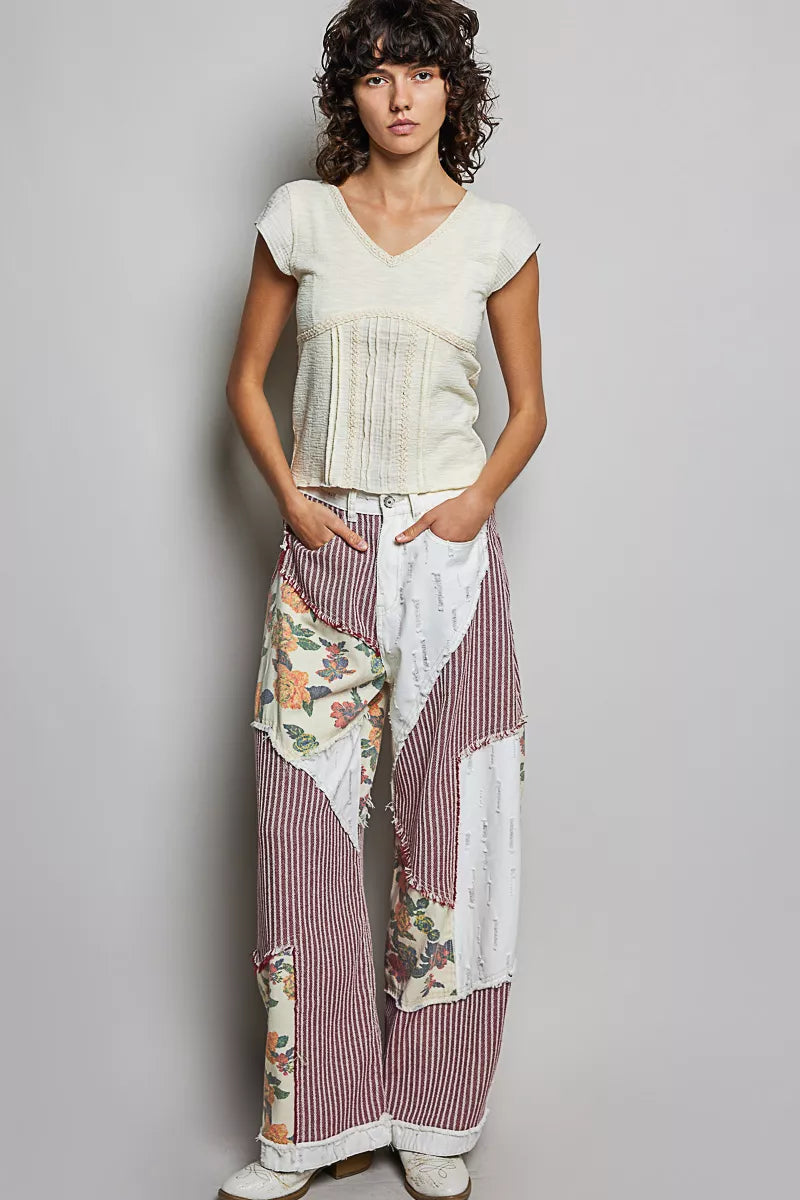 POL V-Neck Lightweight Textured Short Sleeve Knit Top with Lace Trim - 8