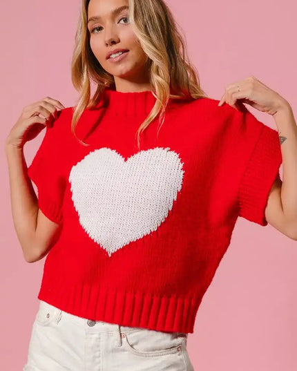 BiBi Rib Banded Heart Pattern Valentines Sweater - Sleekdenim.com