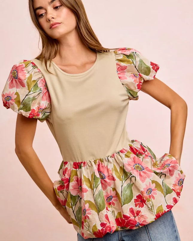 BiBi Floral Printed Bubble Sleeves and Hem Peplum Top - Sleekdenim.com