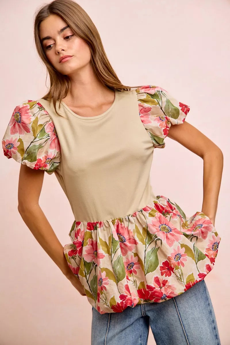 BiBi Floral Printed Bubble Sleeves and Hem Peplum Top - Sleekdenim.com