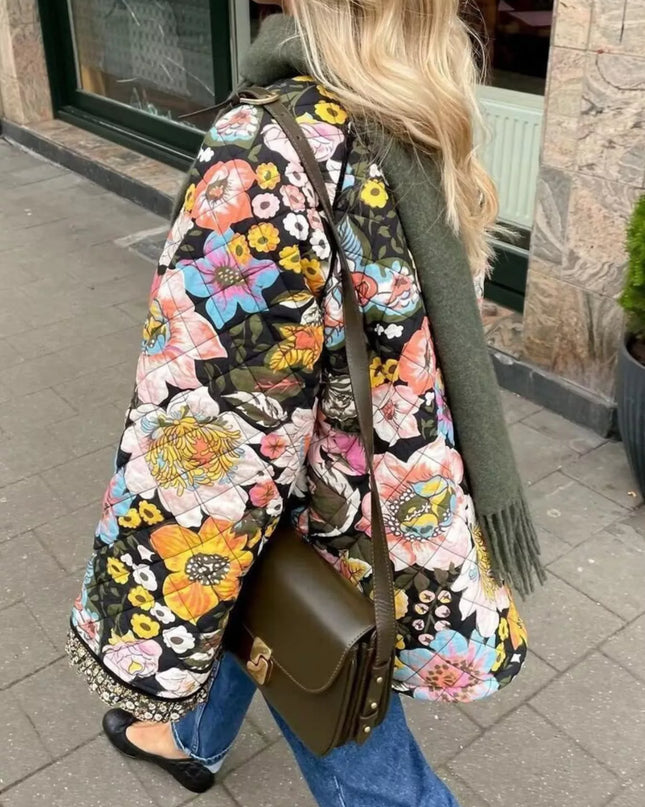 Full Size Floral Print Quilted Sherpa-Lined Jacket Plus Size - Sleekdenim.com