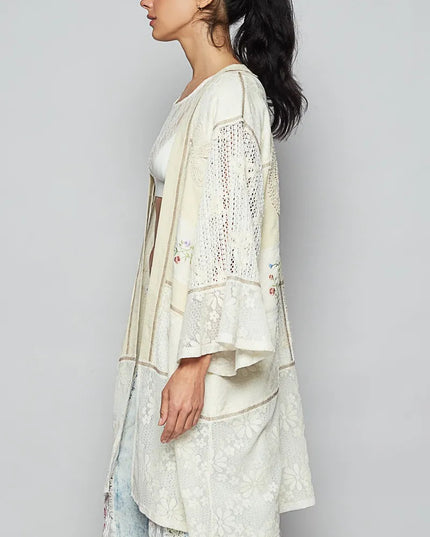 POL Double Gauze and Lace Mix Cardigan with Embroidered Detail - Sleekdenim.com
