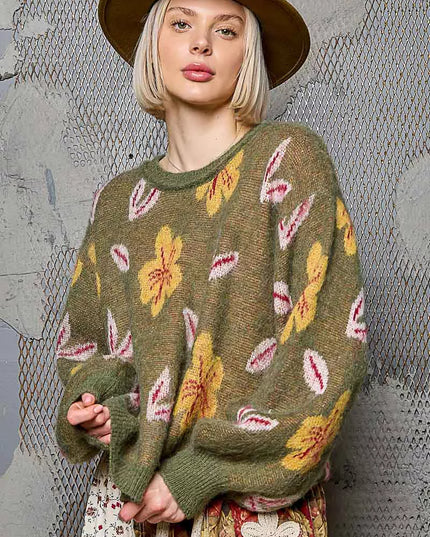 POL Floral Pattern Round Neck Balloon Sleeve Sweater - Sleekdenim.com
