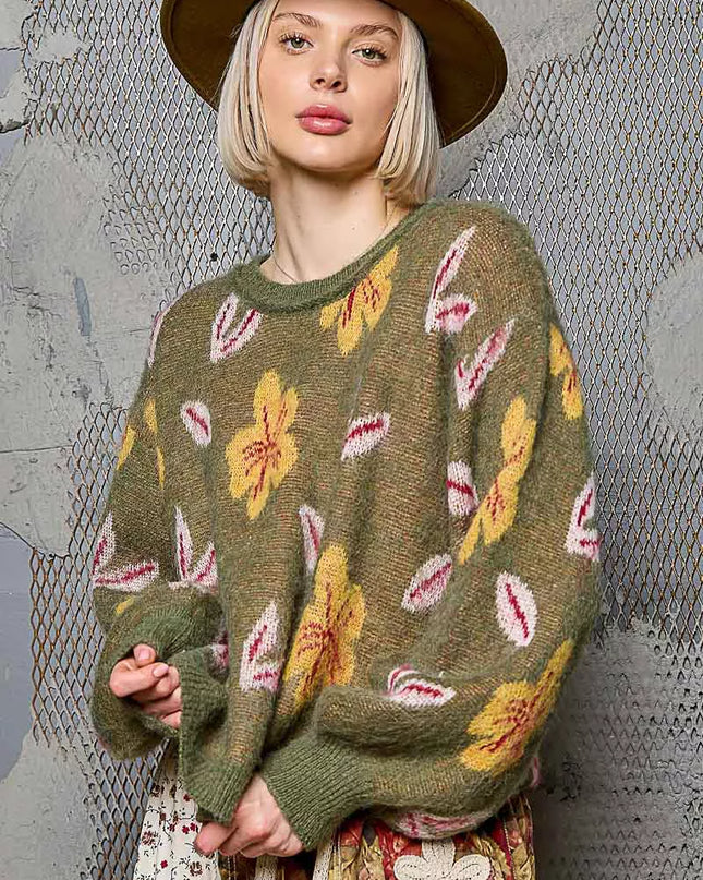 POL Floral Pattern Round Neck Balloon Sleeve Sweater - Sleekdenim.com