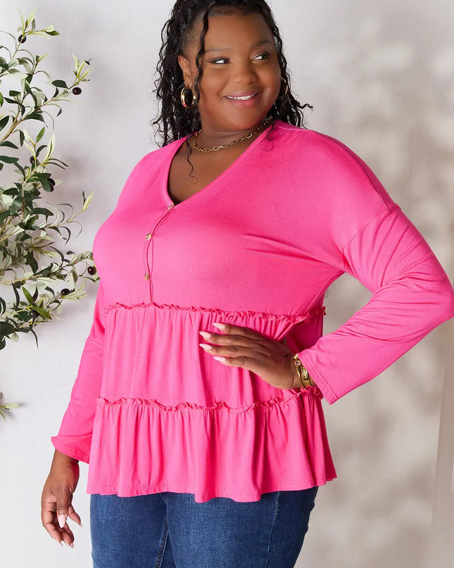 Double Take Half Button Long Sleeve Ruffle Hem Blouse - Sleekdenim.com