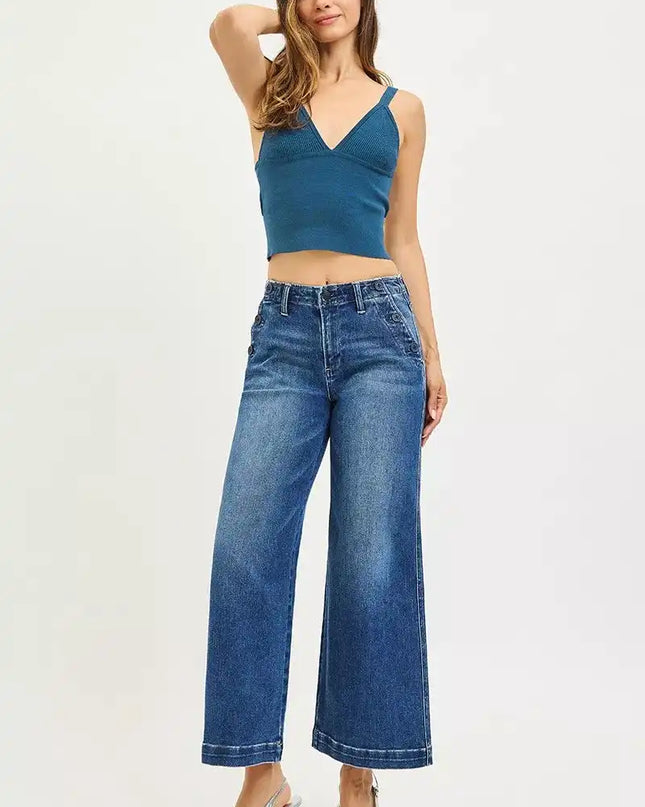 RISEN High Rise Wide Leg Jeans With Pocket Button Detail - Sleekdenim.com