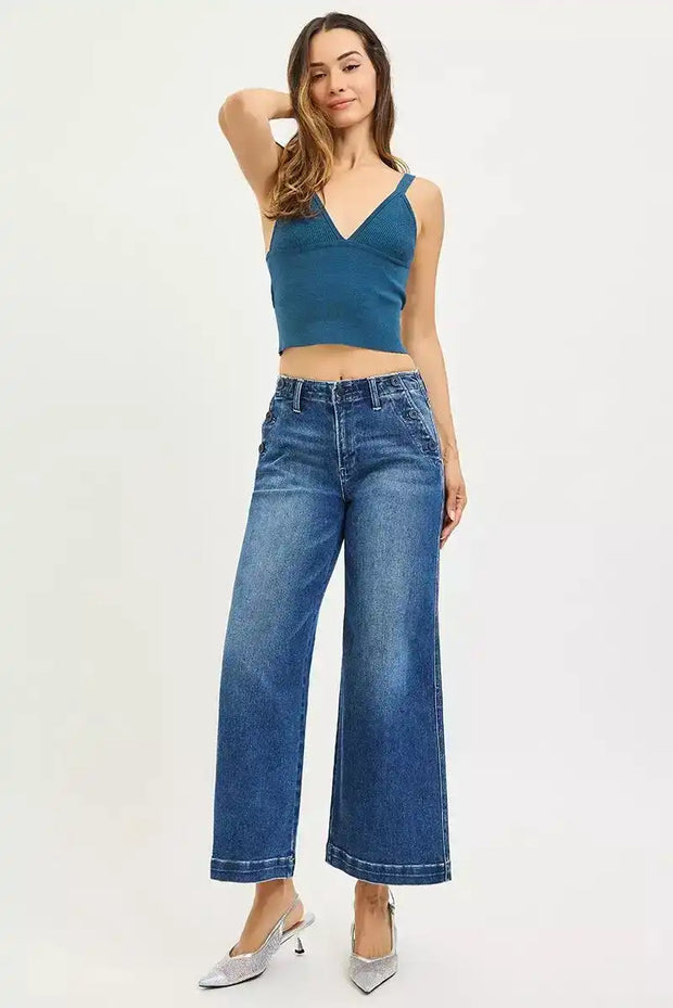 RISEN High Rise Wide Leg Jeans With Pocket Button Detail PWC21542 - Sleekdenim.com