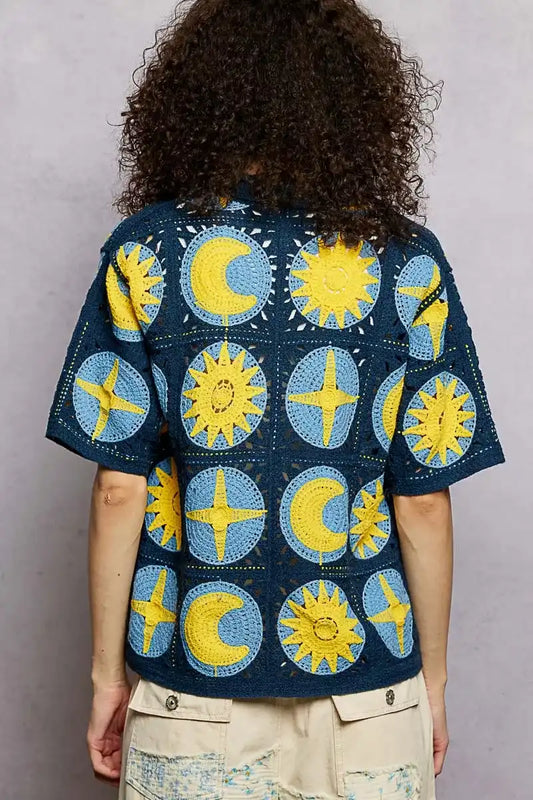 POL Openwork Short Sleeve Crochet Shirt