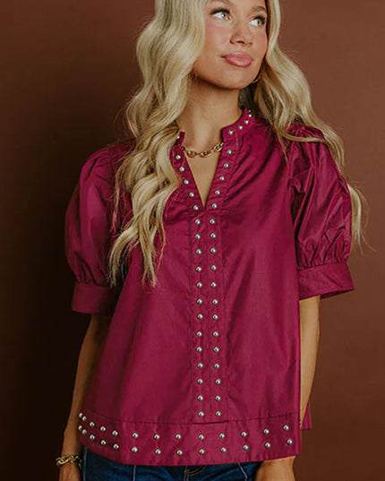 Burgundy Rivet Embellished V Neck Short Puff Sleeve Blouse - Sleekdenim.com