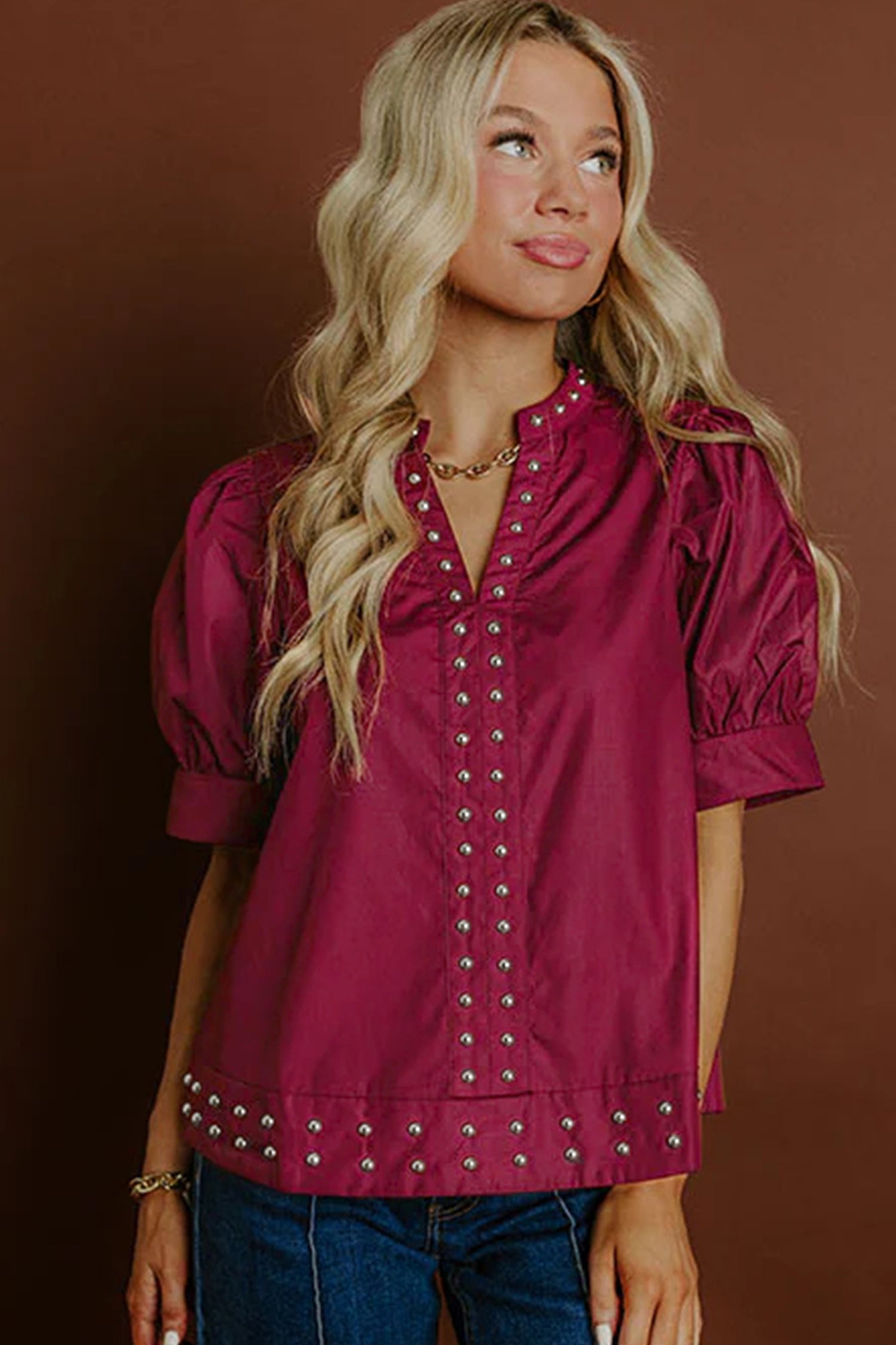 Burgundy Rivet Embellished V Neck Short Puff Sleeve Blouse - Sleekdenim.com