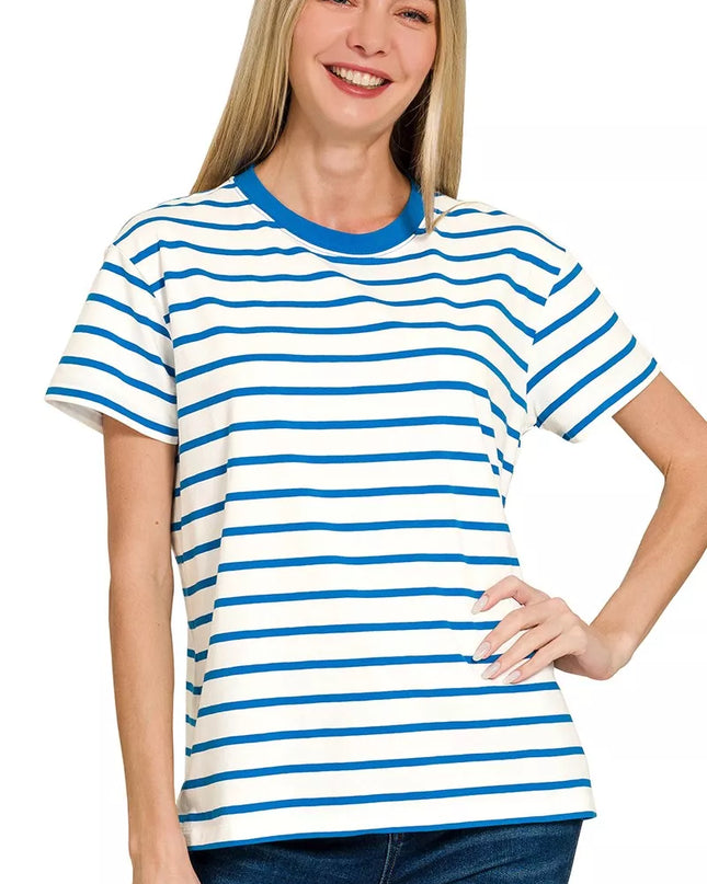 Zenana Striped Round Neck Short Sleeve T-Shirt - Sleekdenim.com
