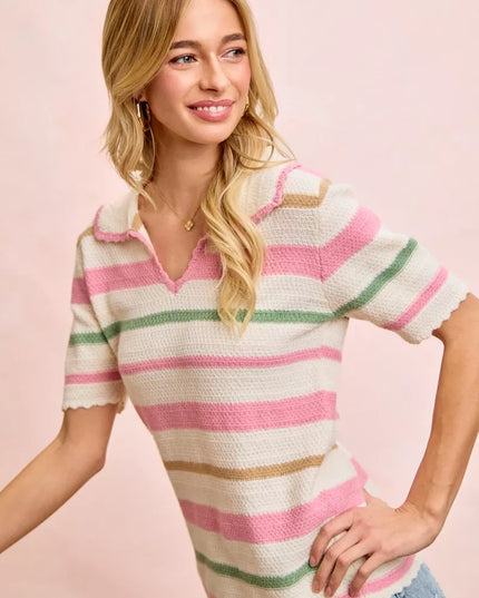BiBi Multi Colors Stripes Collared Knit Top - Sleekdenim.com
