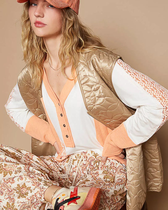 POL Front Zipper Floral Pattern Quilted Vest Coat with Front Pockets - Sleekdenim.com