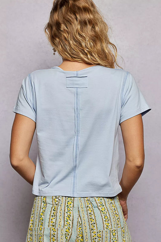 POL Contrast Stitching Round Neck Short Sleeve T-Shirt - Sleekdenim.com