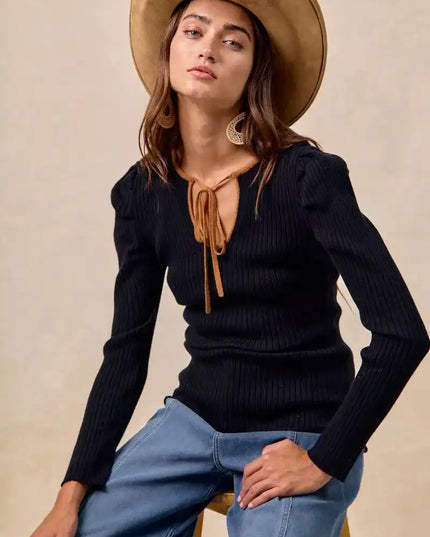 BiBi Ribbed Contrast Front Tied Top with Shrried - Sleekdenim.com