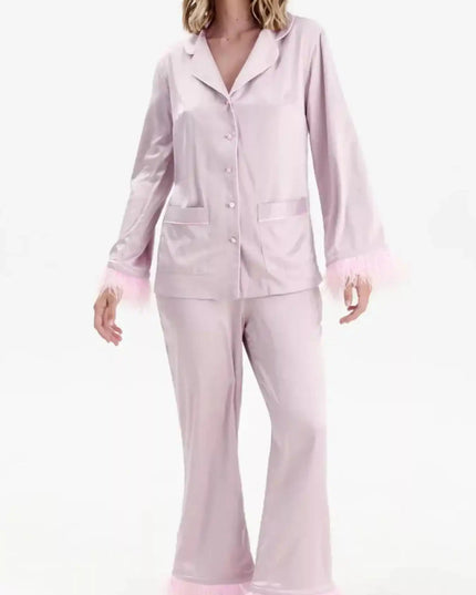 Silky Button Up Top and Pants Lounge Set - Sleekdenim.com